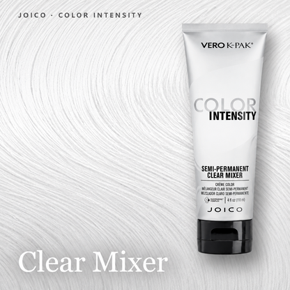 A tube of Vero K-Pak Semi-Permanent Clear Mixer hair color by Joico, displayed against a textured background of light gray hair swirled into waves. The text 'JOICO - COLOR INTENSITY' and 'Clear Mixer' are visible on the graphic.