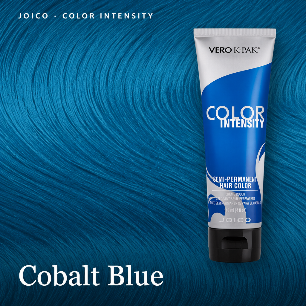 Vero K-Pak Color Intensity semi-permanent hair dye in Cobalt Blue, shown in a blue and white squeeze tube against a textured blue hair background.