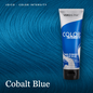 Vero K-Pak Color Intensity semi-permanent hair dye in Cobalt Blue, shown in a blue and white squeeze tube against a textured blue hair background.