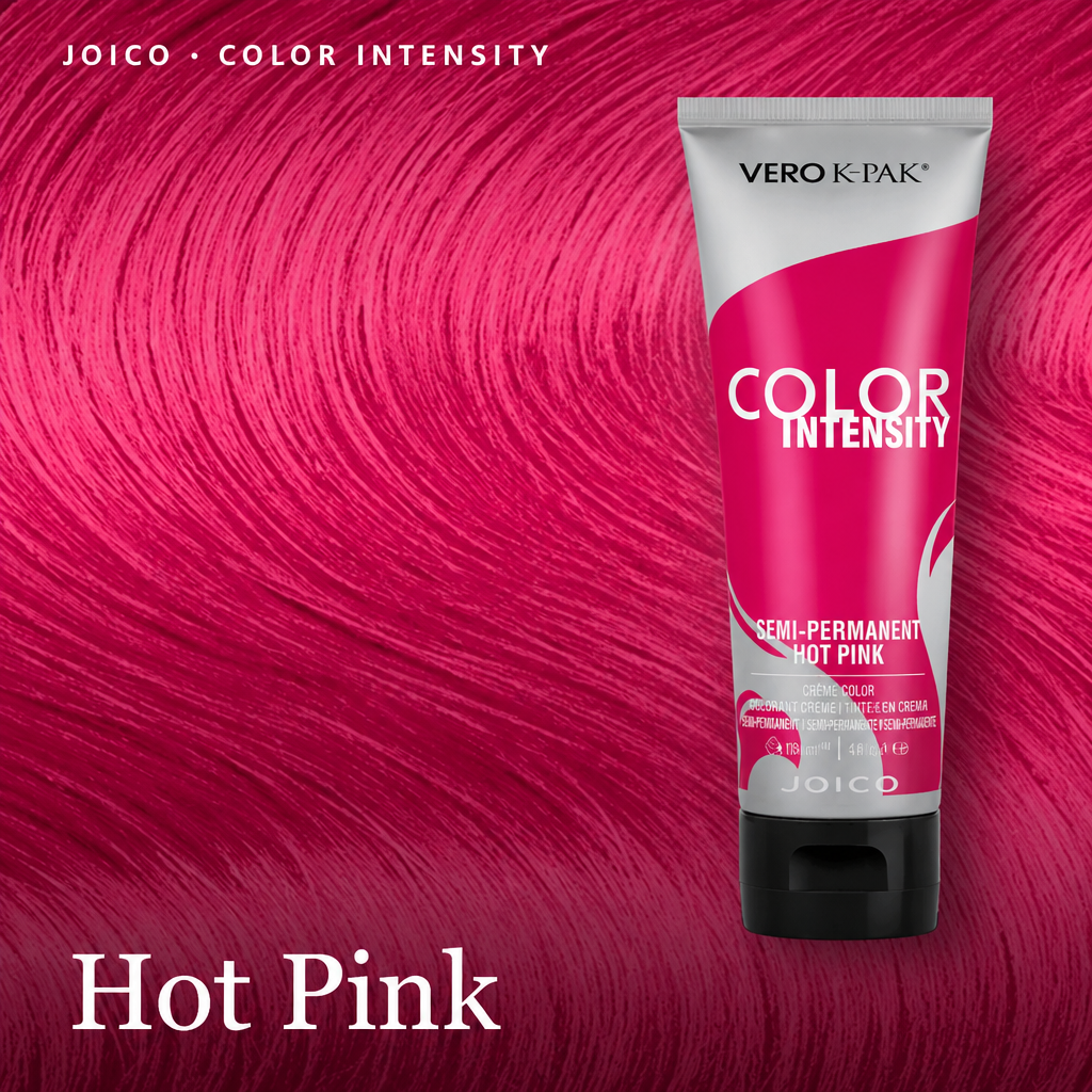 A tube of Vero K-Pak Color Intensity semi-permanent hair color in Hot Pink, displayed against a background of vibrant hot pink hair swatches. The packaging is white and pink with a black cap, 'JOICO' are visible.