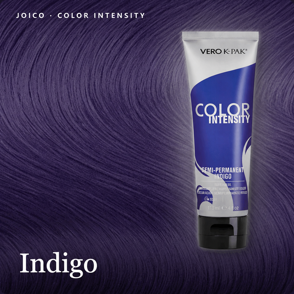 Vero Pak Color Intensity semi-permanent hair dye in the shade Indigo, shown in a purple squeeze tube against a matching purple hair swatch background.