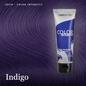 Vero Pak Color Intensity semi-permanent hair dye in the shade Indigo, shown in a purple squeeze tube against a matching purple hair swatch background.