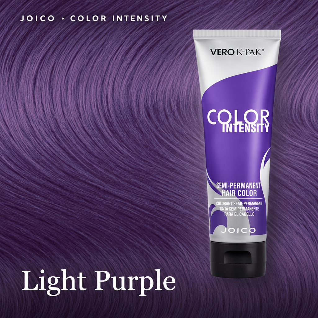 A tube of Vero K-Pak Color Intensity semi-permanent hair dye in Light Purple, shown against a textured purple hair swatch background with 'Light Purple' text at the bottom.