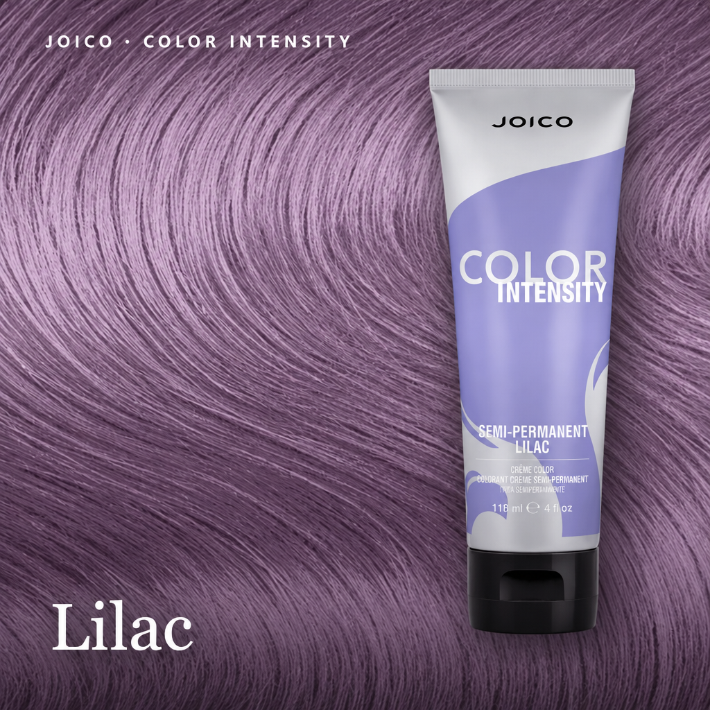 A tube of Joico Color Intensity semi-permanent lilac hair color shown against a background of purple hair swatches, labeled 'Lilac'.
