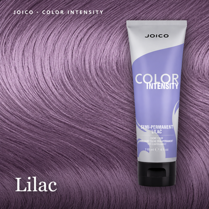 A tube of Joico Color Intensity semi-permanent lilac hair color shown against a background of purple hair swatches, labeled 'Lilac'.