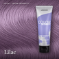 A tube of Joico Color Intensity semi-permanent lilac hair color shown against a background of purple hair swatches, labeled 'Lilac'.