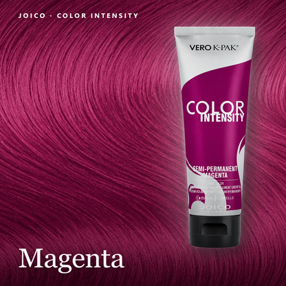 Vero K-Pak Color Intensity semi-permanent hair dye tube in Magenta, shown against a background of vibrant magenta hair swatches. The image includes 'JOICO - COLOR INTENSITY' text.