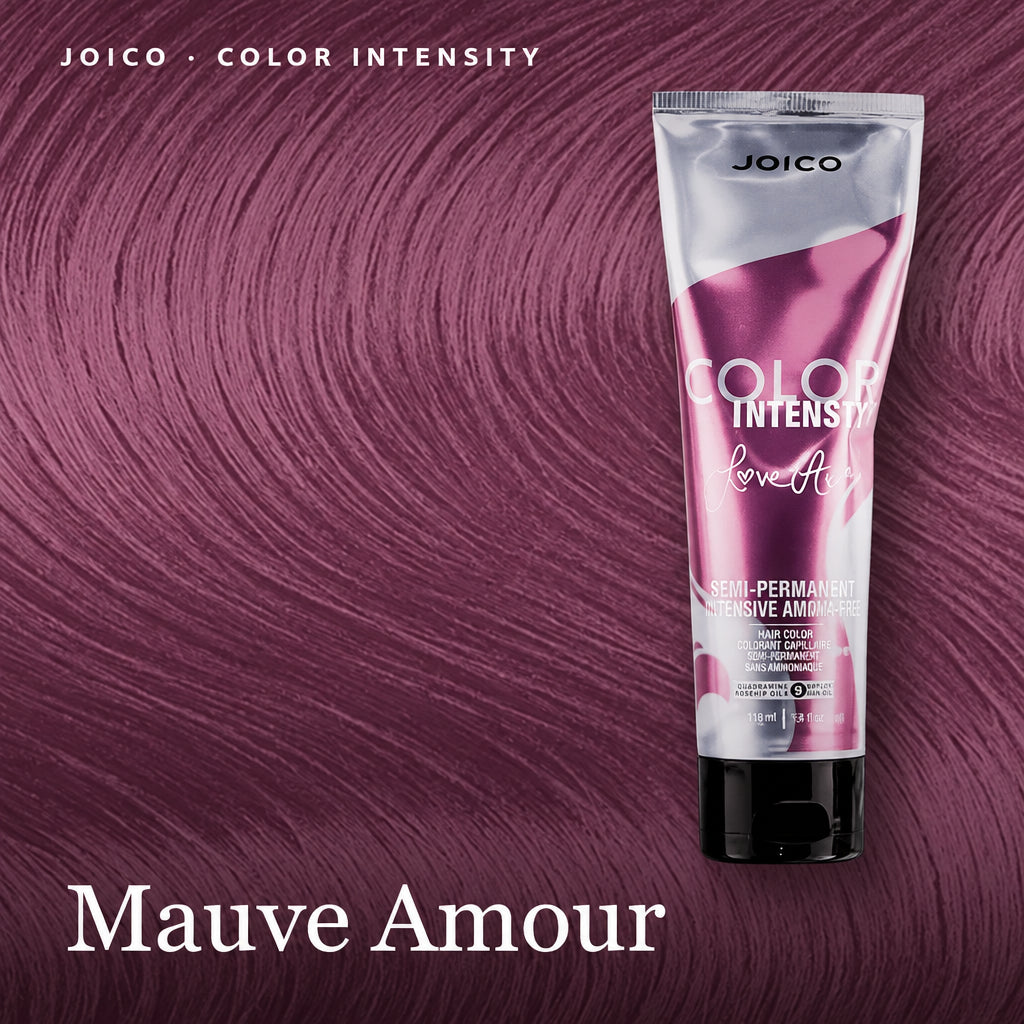 Joico Color Intensity Love Affair hair color cream in the shade Mauve Amour, shown in a squeeze tube against a background of matching mauve-purple hair swirled texture.