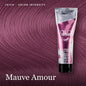 Joico Color Intensity Love Affair hair color cream in the shade Mauve Amour, shown in a squeeze tube against a background of matching mauve-purple hair swirled texture.