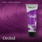 Vero K-Pak Color Intensity semi-permanent hair dye in the Orchid shade, shown in a purple squeeze tube against a background of purple hair swatches.