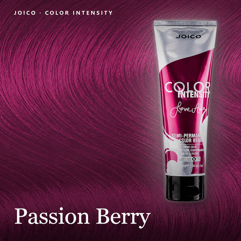 Joico Color Intensity Love Alysemey hair color cream in the Passion Berry shade, shown in a squeeze tube against a background of deep purple hair swirled texture.