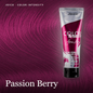 Joico Color Intensity Love Alysemey hair color cream in the Passion Berry shade, shown in a squeeze tube against a background of deep purple hair swirled texture.