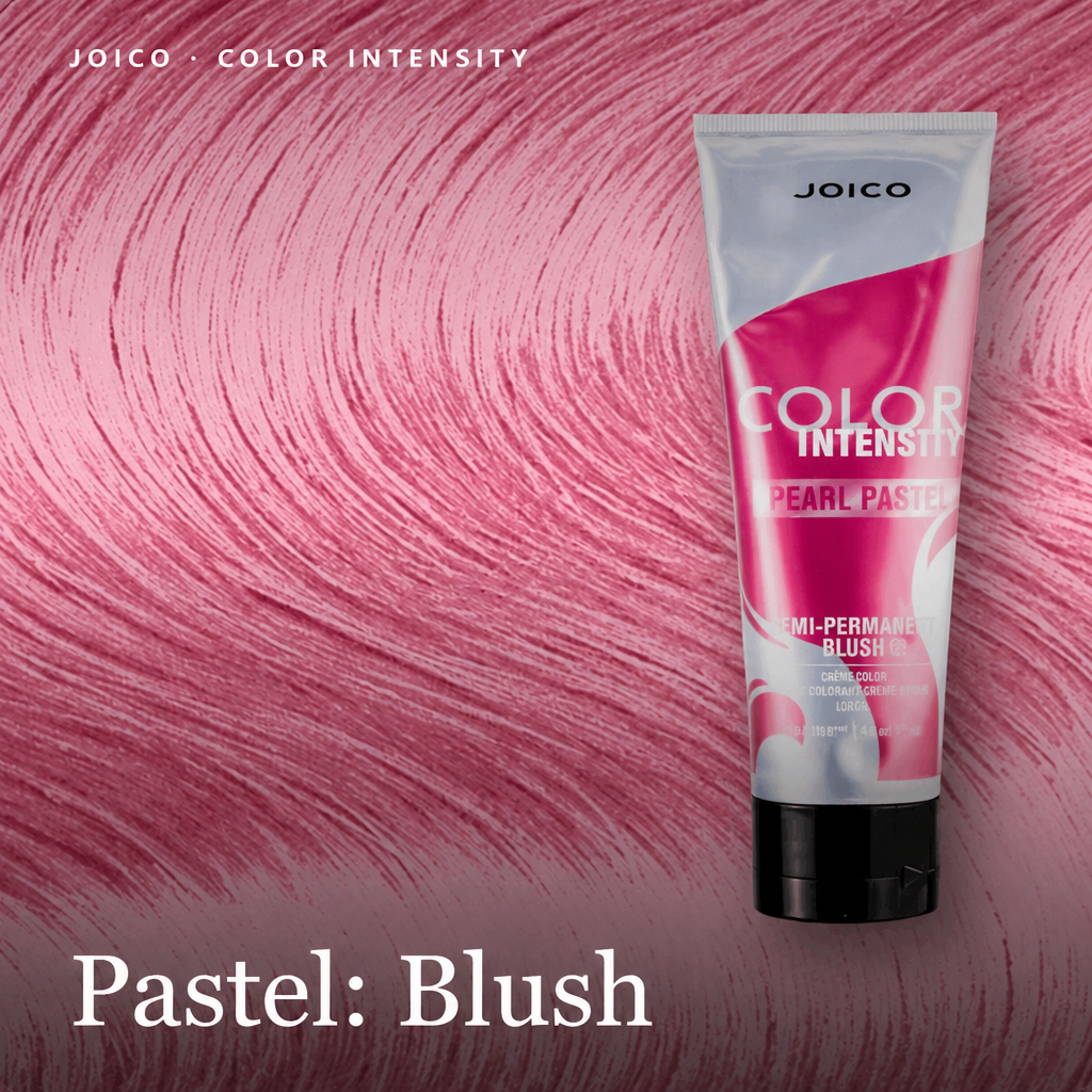 Joico Color Intensity Pearl Pastel Blush tube shown against a pink hair-color swatch background with the text 'Pastel: Blush' 