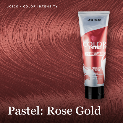 A tube of Joico Color Intensity Pearl Pastel hair color on a textured rose gold hair background, with text reading 'Joico - Color Intensity', 'Pastel: Rose Gold'.