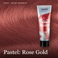A tube of Joico Color Intensity Pearl Pastel hair color on a textured rose gold hair background, with text reading 'Joico - Color Intensity', 'Pastel: Rose Gold'.