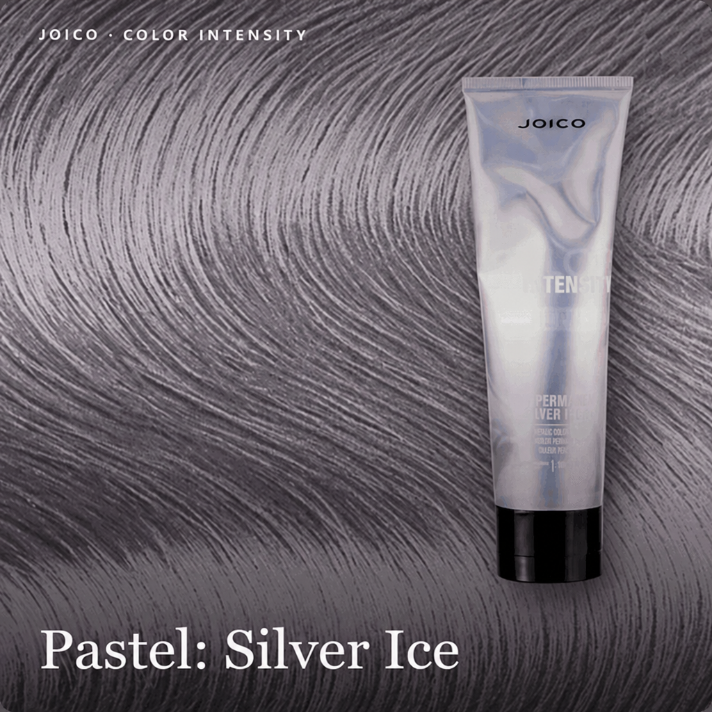 A Joico Tenacity Perm Silver treatment tube on a textured gray hair background, labeled 'Pastel: Silver Ice' branding.