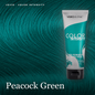 A tube of Vero K-Pak Color Intensity semi-permanent hair dye in Peacock Green, displayed against a background of wavy teal hair. The text 'Peacock Green' is written at the bottom