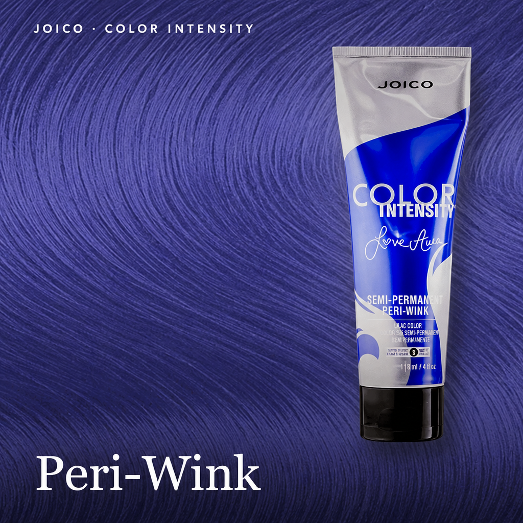 A tube of Joico Color Intensity Peri-Wink semi-permanent hair color displayed against a purple hair swatch background 