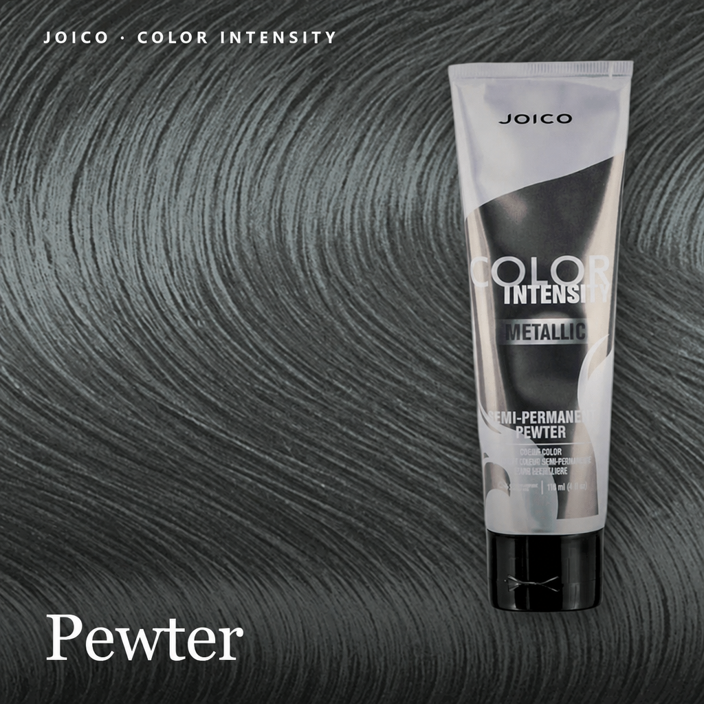 A squeeze tube of Joico Color Intensity Metallic Semi-Permanent Powder in the shade 'Pewter' is displayed against a background of dark, highlighted hair showing the color result.