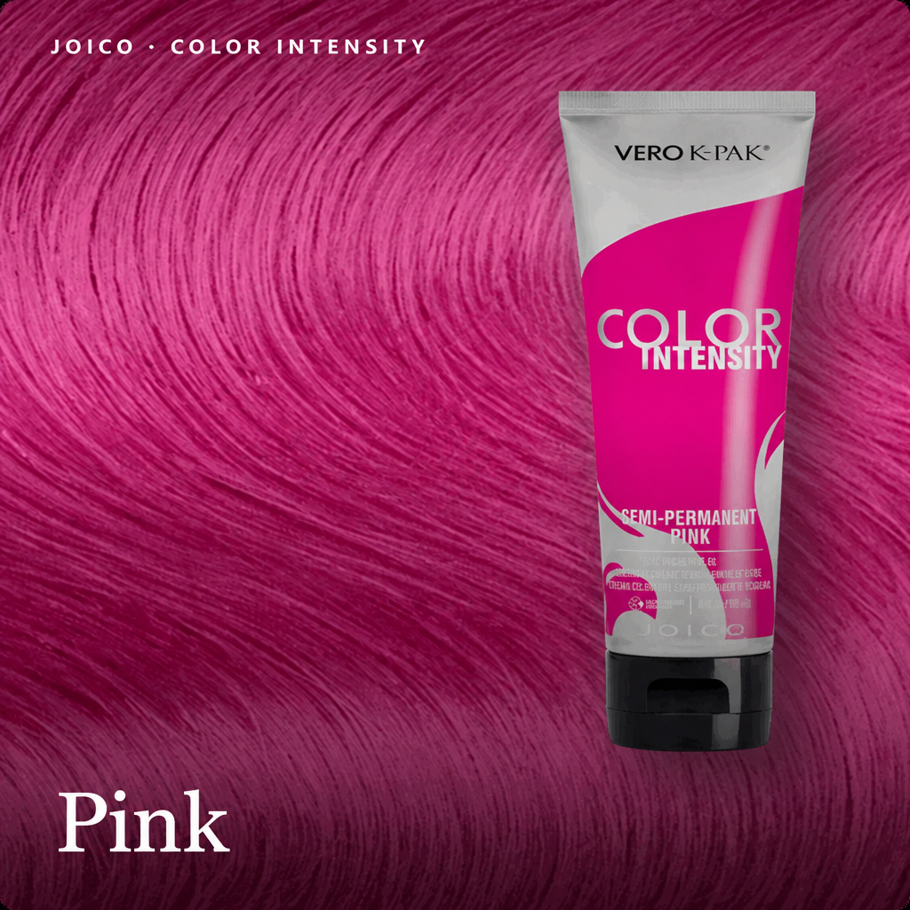 Vero K-Pak Color Intensity semi-permanent pink hair dye tube shown against a vibrant magenta hair-color swatch background with the text 'Pink' .