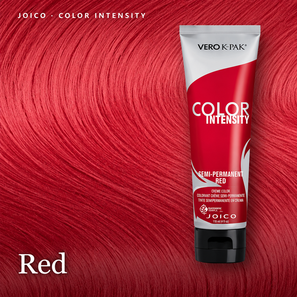 A tube of Vero K Pak Color Intensity semi-permanent hair color in the shade Red, shown against a background of vibrant red hair swatches. The image includes 'JOICO - COLOR INTENSITY'  branding.