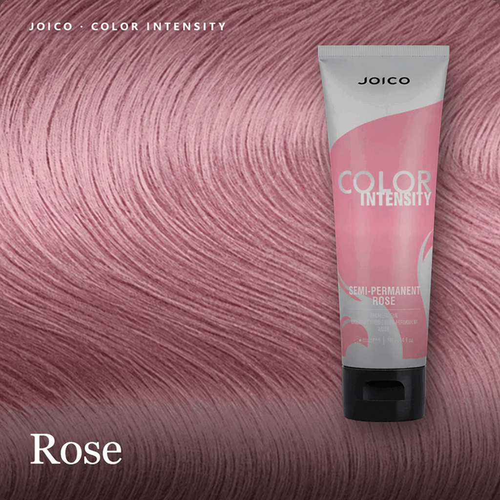 A squeeze tube of Joico Color Intensity semi-permanent hair color in the shade Rose, shown against a close-up swatch of the same pink-purple hair color. The tube is pink, white, and black, with Joico branding visible.