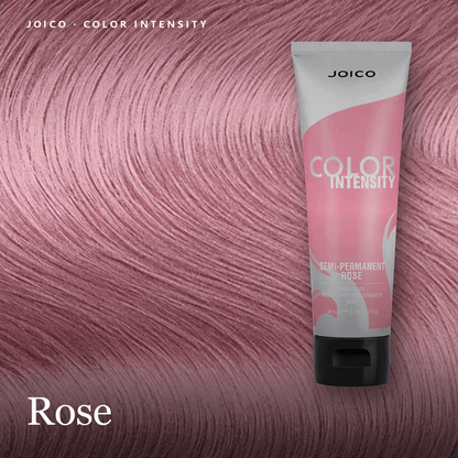 A squeeze tube of Joico Color Intensity semi-permanent hair color in the shade Rose, shown against a close-up swatch of the same pink-purple hair color. The tube is pink, white, and black, with Joico branding visible.