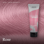 A squeeze tube of Joico Color Intensity semi-permanent hair color in the shade Rose, shown against a close-up swatch of the same pink-purple hair color. The tube is pink, white, and black, with Joico branding visible.