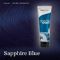 Vero K-Pak Color Intensity Semi-Permanent Hair Color in Sapphire Blue, shown in a squeeze tube against a dark blue hair swatch background 