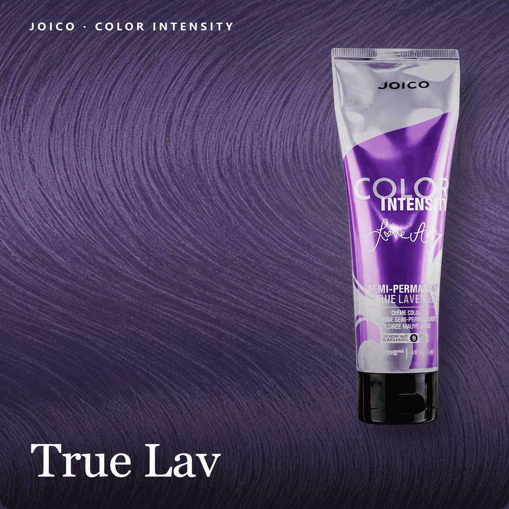 A tube of Joico Color Intensity Keratin Mi-Perm True Lav hair color on a purple hair swatch background, with Joico and Sleek Shop branding.
