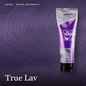 A tube of Joico Color Intensity Keratin Mi-Perm True Lav hair color on a purple hair swatch background, with Joico and Sleek Shop branding.