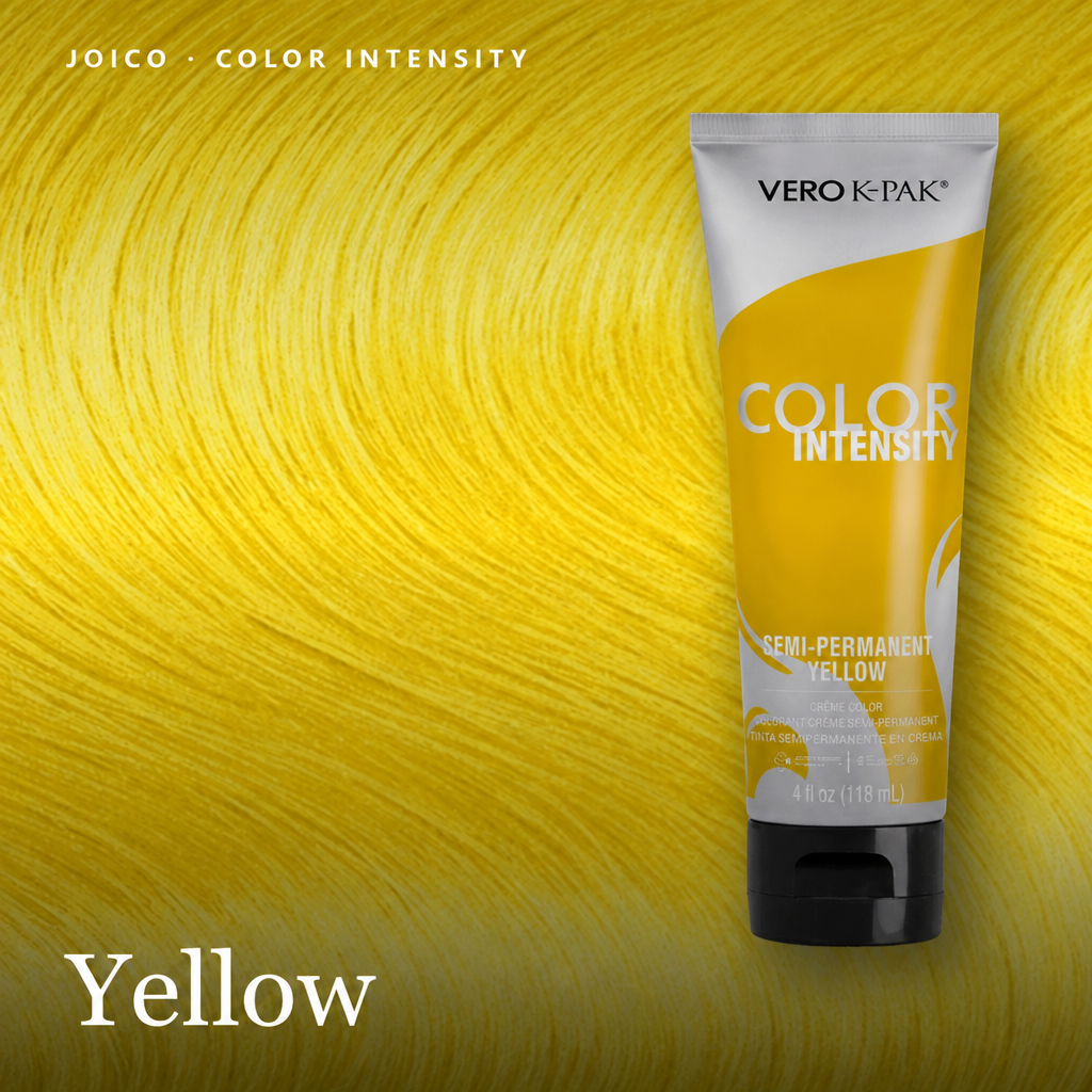 A tube of VeroK-Pak Color Intensity Semi-Permanent Yellow hair dye stands against a bright yellow textured background with the word 'Yellow' in the lower left corner.