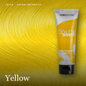 A tube of VeroK-Pak Color Intensity Semi-Permanent Yellow hair dye stands against a bright yellow textured background with the word 'Yellow' in the lower left corner.