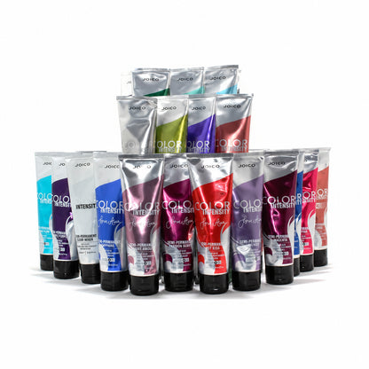 A group of JOVOCO Color Intensity Developer tubes arranged in three rows on a white background, showing various color options in silver packaging with different colored labels.